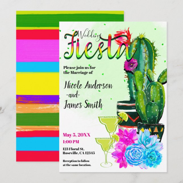 Bright Stripes Cactus & Succulents FIESTA WEDDING Invitation (Front/Back)