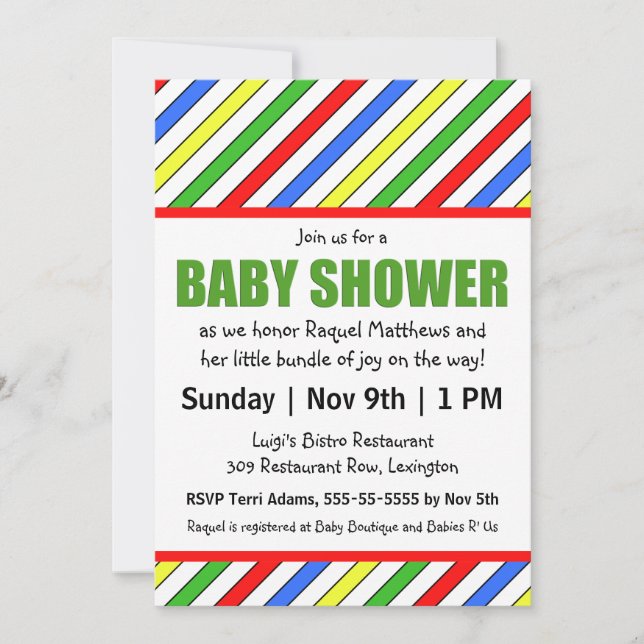 Bright Stripes Primary Colours Baby Shower Invitation (Front)