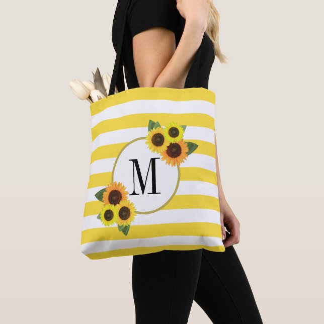 Bright Stripes Yellow Sunflowers Floral Monogram Tote Bag (Close Up)
