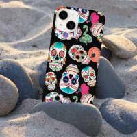Bright Sugar Skulls Pattern on Black
