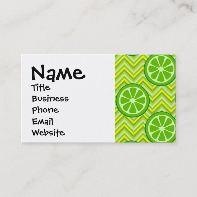 Bright Summer Citrus Limes on Green Yellow Chevron Business Card (Front)