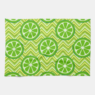 Bright Summer Citrus Limes on Green Yellow Chevron Tea Towel