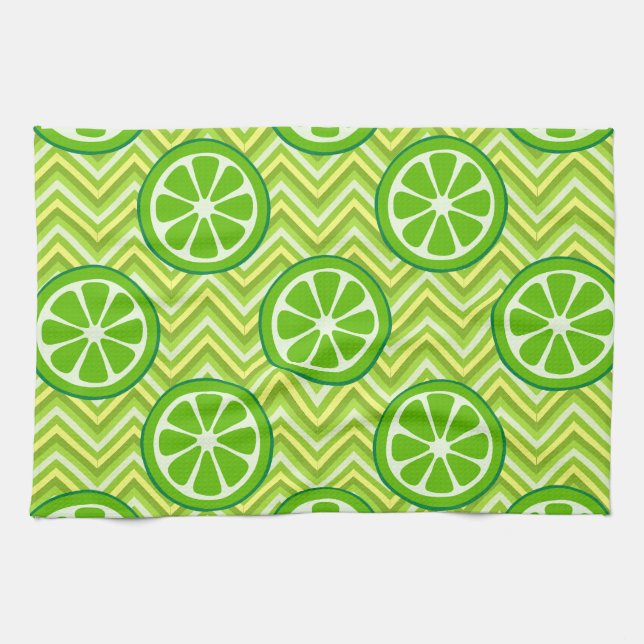 Bright Summer Citrus Limes on Green Yellow Chevron Tea Towel (Horizontal)