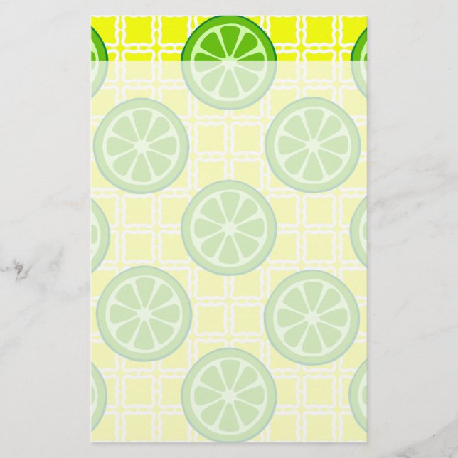 Bright Summer Citrus Limes on Yellow Square Tiles Stationery (Front)
