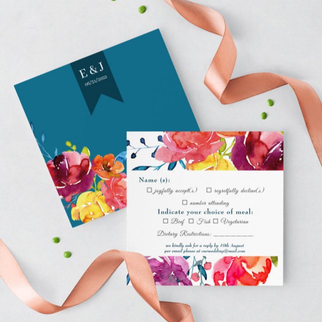 Bright Summer colourful floral Wedding RSVP Card (Creator Uploaded)
