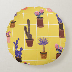 Bright summer cute Cactus in many kind of pots on  Round Cushion