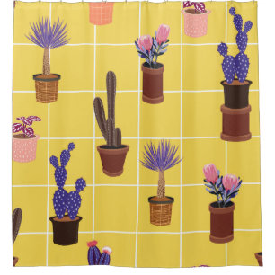 Bright summer cute Cactus in many kind of pots on  Shower Curtain