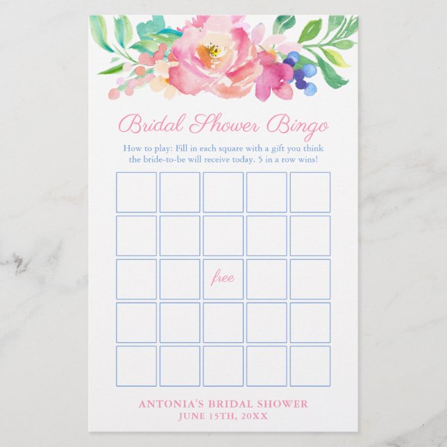 Bright Summer Floral Bridal Shower Bingo Game Card (Front)