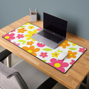 Bright Summer Floral Retro Pink and Yellow Pattern Desk Mat