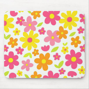 Bright Summer Floral Retro Pink and Yellow Pattern Mouse Mat