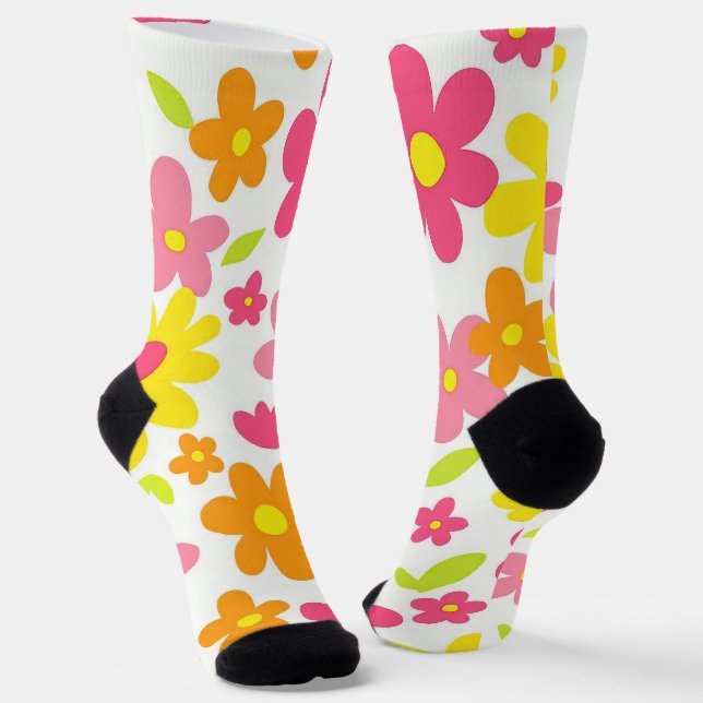 Bright Summer Floral Retro Pink and Yellow Pattern Socks (Angled)
