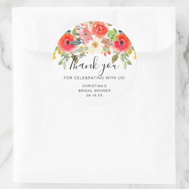 Bright Summer Floral Thank You Bridal Shower Classic Round Sticker (Bag)