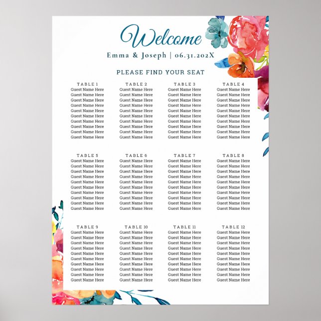 Bright Summer floral Wedding Seating Chart (Front)