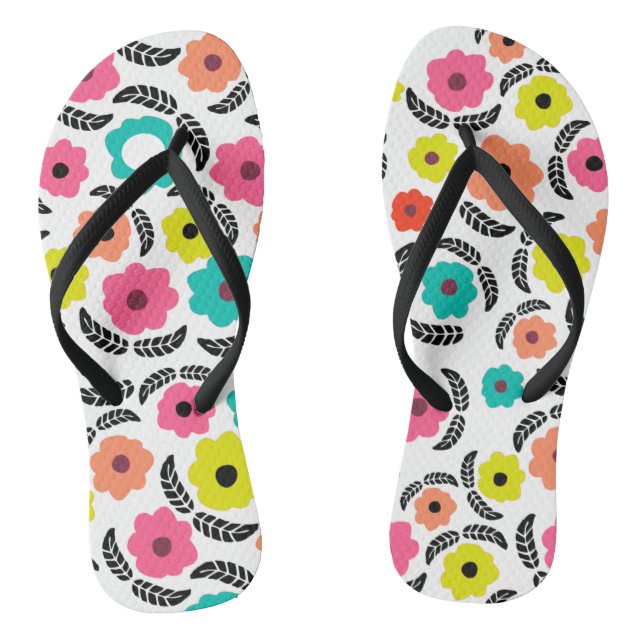 Bright Summer Flowers and Black Leaf Pattern Flip Flops (Footbed)