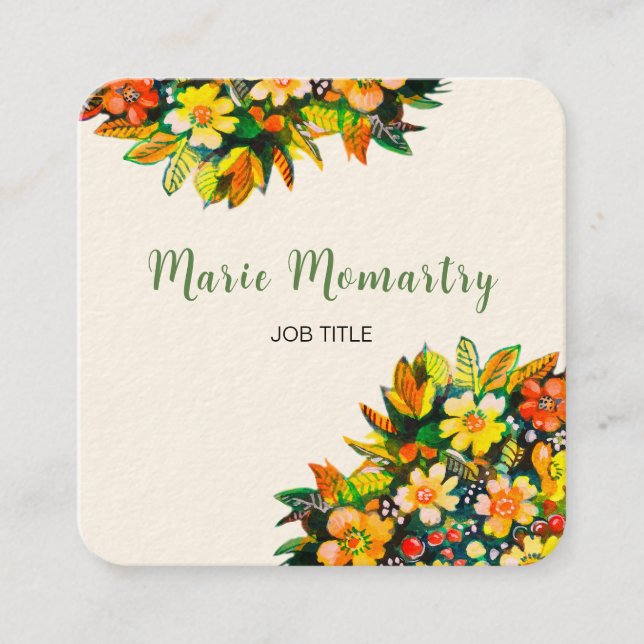 Bright summer flowers watercolor square business card (Front)