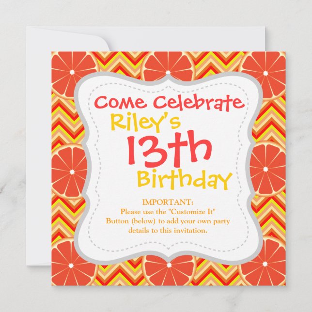 Bright Summer Grapefruit on Orange Yellow Chevron Invitation (Front)