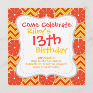 Bright Summer Grapefruit on Orange Yellow Chevron Invitation