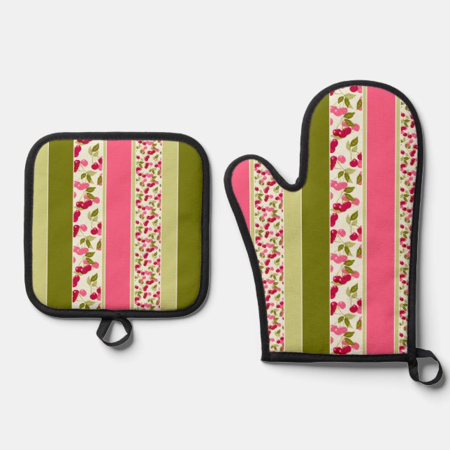 Bright summer pattern of stripes of multi-coloured oven mitt & pot holder set (Front)