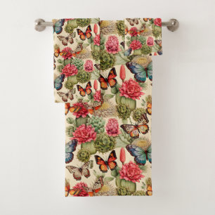 Bright summer pattern with butterflies and cacti Bath Towel Set