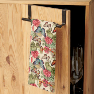 Bright summer pattern with butterflies and cacti  Tea Towel