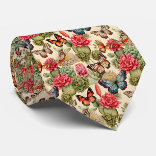 Bright summer pattern with butterflies and cacti  Tie