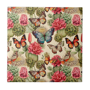 Bright summer pattern with butterflies and cacti  Tile