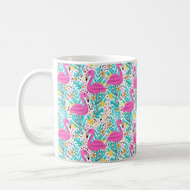 Bright summer pattern with flamingo, hearts, ice-c coffee mug (Left)