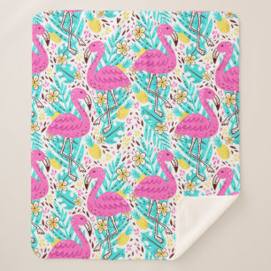 Bright summer pattern with flamingo, hearts, ice-c sherpa blanket
