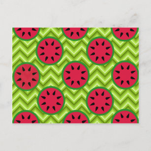 Bright Summer Picnic Watermelons on Green Chevron Postcard