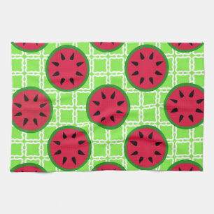 Bright Summer Picnic Watermelons on Green Squares Tea Towel