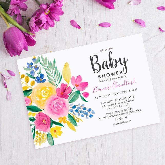 Bright summer pink floral watercolor baby shower invitation (Creator Uploaded)