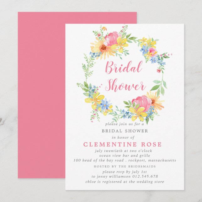Bright Summer Pink Floral Watercolor Bridal Shower Invitation (Front/Back)