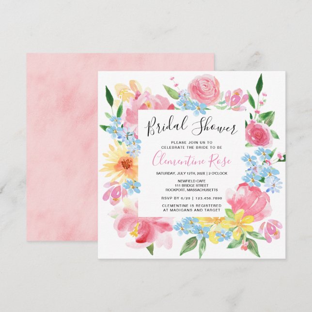 Bright Summer Pink Floral Watercolor Bridal Shower Invitation (Front/Back)
