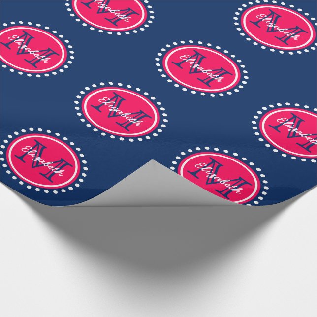 Bright Summer Pink Polka Dot Monogram on Navy Blue Wrapping Paper (Corner)