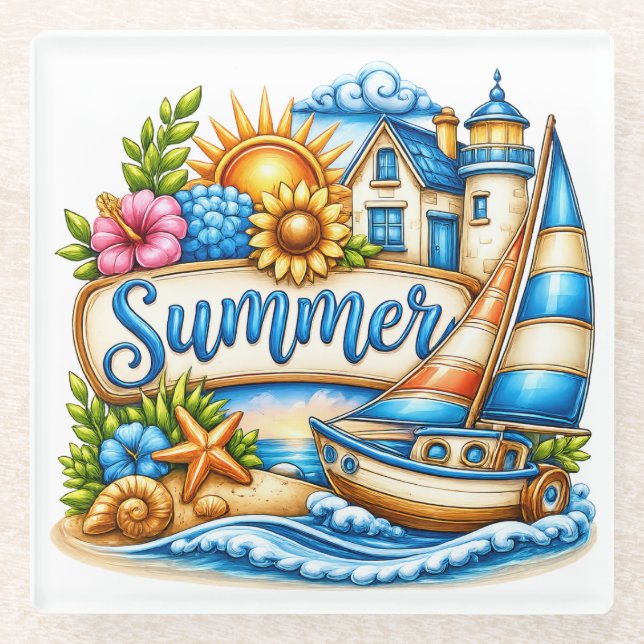 BRIGHT SUMMER THEMED SCENE GLASS COASTER (Front)