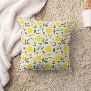 Bright Summer Yellow Lemon Slices and Flowers Cushion
