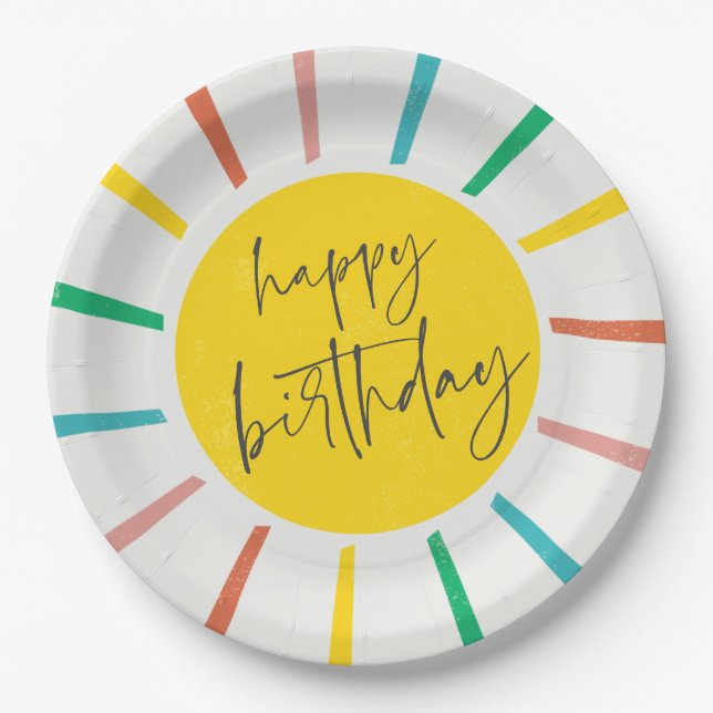Bright Sun Script Kids Birthday Party Paper Plate (Front)