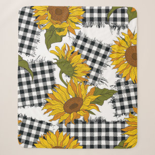 Bright sunflower flowers on checkered patches. Sea Sherpa Blanket