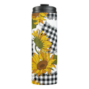Bright sunflower flowers on checkered patches. Sea Thermal Tumbler
