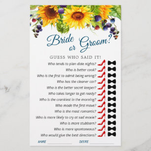 Bright Sunflower Greenery Chic Bridal Shower Game
