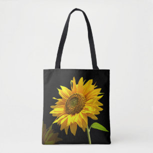 Bright Sunflower on Black Background Tote Bag