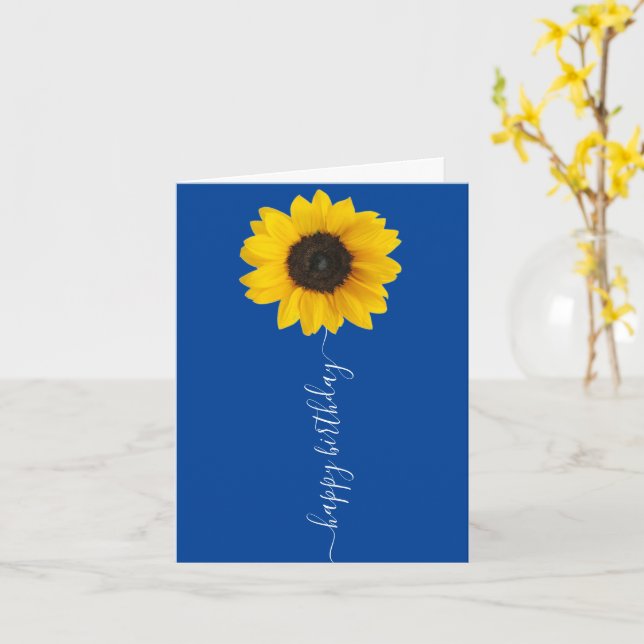 Bright Sunflower on Blue Birthday Greeting Card (Yellow Flower)