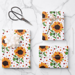 Bright Sunflower & Polka Dots Summer Floral Patter Wrapping Paper Sheet