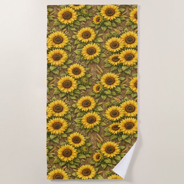 Bright Sunflower Seamless Repeat Pattern Beach Towel (Front)