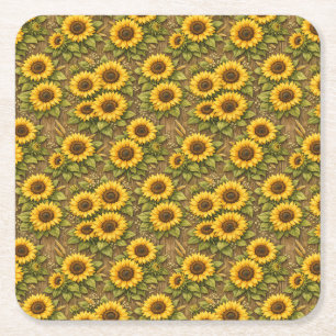 Bright Sunflower Seamless Repeat Pattern Square Paper Coaster