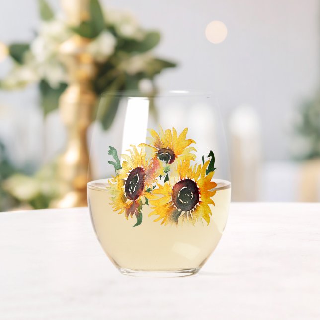 Bright Sunflower Watercolor Fabulous 50  Stemless Wine Glass (Insitu (Wedding))