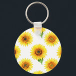 Bright Sunflower Watercolor Seamless Pattern Key Ring<br><div class="desc">Radiant joy in full bloom! This cheerful,  hand-painted watercolor pattern bursts with large,  golden sunflowers against crisp white,  each bloom detailed with warm amber centers,  soft petals,  and fresh green leaves. A timeless,  uplifting floral design that brings instant summer happiness and sunshine vibes.</div>