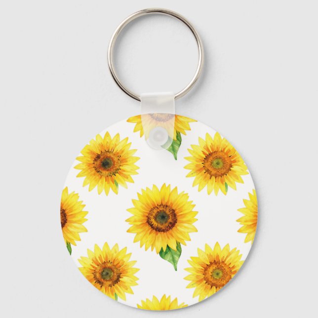 Bright Sunflower Watercolor Seamless Pattern Key Ring (Front)