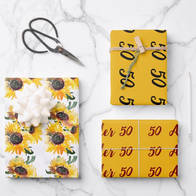 bright sunflower watercolour fabulous 50  wrapping paper sheet (Front)
