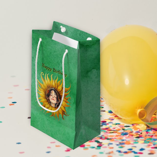Bright Sunflower With Girls Face on Green Small Gift Bag (cute girl's face in center of bright yellow sunflower on green Birthday gift bag.)